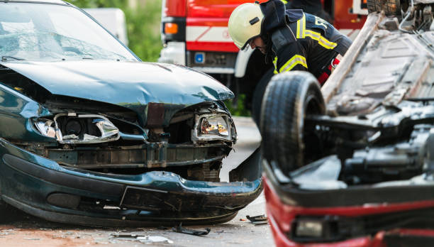 Serious auto accident collision scene on a roadway